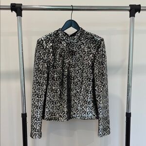 RtA🪩 Freddie Long Sleeve Silver Sequin Leopard Top Shoulder Pad High Mock Neck M
